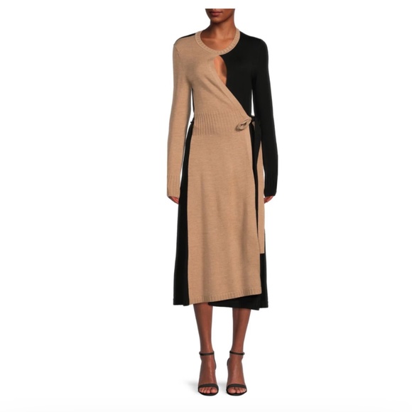 $1390 Akris Punto Colorblock Virgin Wool Wrap Dress in Black / Tan - Picture 1 of 7